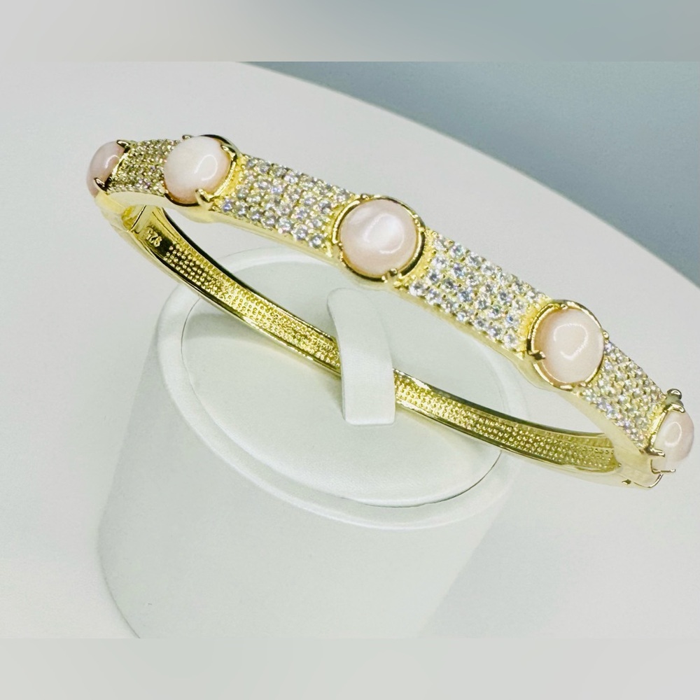 Pink Moonstone 18K Gold Sterling Silver Bangle Bracelet - Picture 3 of 7